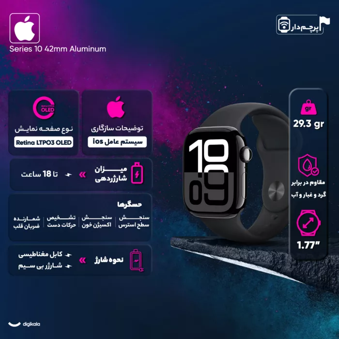 ساعت هوشمند اپل مدل Series 10 42mm Aluminum دارای قابلیت های کنترل موسیقی (Music Player)، قابلیت مکالمه از طریق بلوتوث، قابلیت تغییر طرح ساعت یا تم، صفحه همیشه روشن (Always-on Display)، پشتیبانی از دستیار صوتی بند سیلیکون