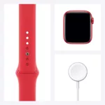 ساعت هوشمند اپل واچ سری 6 مدل 44mm Aluminum Case with Sport silicone Band، صفحه نمایش لمسی 1.78 اینچ با Retina LTPO OLED، سازگار با iPhone 6S به بالا و IOS 14 به بالا، قابلیت مکالمه از طریق بلوتوث، شمارنده ضربان قلب، شتاب‌سنج، گام‌شمار، باتری لیتیوم یونی