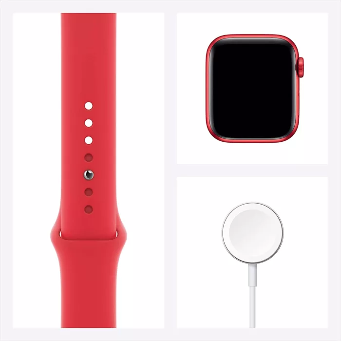 ساعت هوشمند اپل واچ سری 6 مدل 44mm Aluminum Case with Sport silicone Band، صفحه نمایش لمسی 1.78 اینچ با Retina LTPO OLED، سازگار با iPhone 6S به بالا و IOS 14 به بالا، قابلیت مکالمه از طریق بلوتوث، شمارنده ضربان قلب، شتاب‌سنج، گام‌شمار، باتری لیتیوم یونی