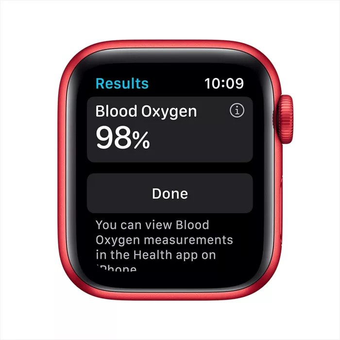 ساعت هوشمند اپل واچ سری 6 مدل 44mm Aluminum Case with Sport silicone Band، صفحه نمایش لمسی 1.78 اینچ با Retina LTPO OLED، سازگار با iPhone 6S به بالا و IOS 14 به بالا، قابلیت مکالمه از طریق بلوتوث، شمارنده ضربان قلب، شتاب‌سنج، گام‌شمار، باتری لیتیوم یونی