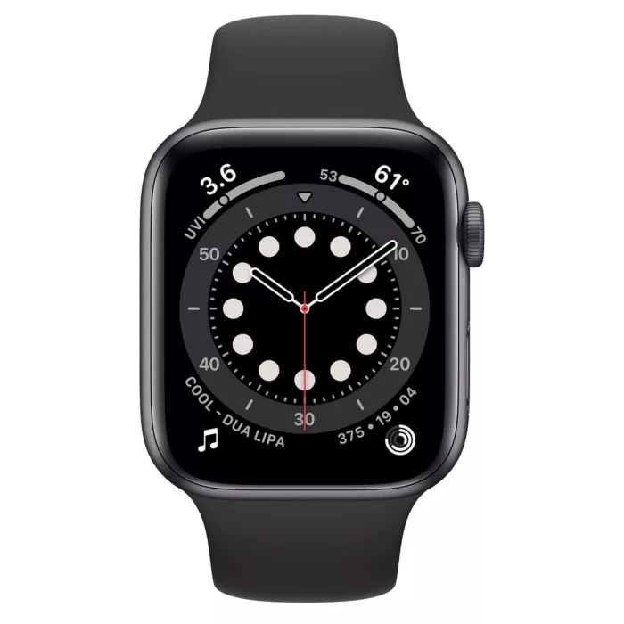 ساعت هوشمند اپل واچ سری 6 مدل 44mm Aluminum Case with Sport silicone Band، صفحه نمایش لمسی 1.78 اینچ با Retina LTPO OLED، سازگار با iPhone 6S به بالا و IOS 14 به بالا، قابلیت مکالمه از طریق بلوتوث، شمارنده ضربان قلب، شتاب‌سنج، گام‌شمار، باتری لیتیوم یونی