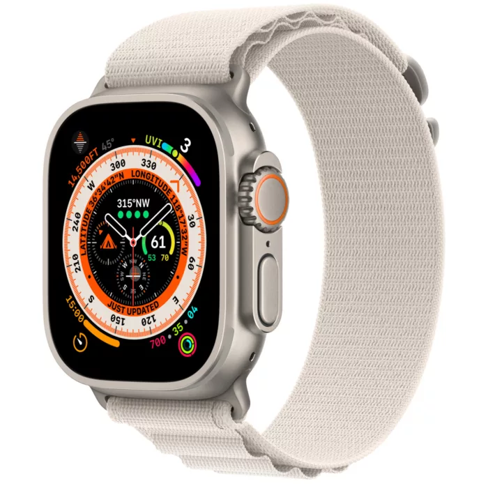 ساعت هوشمند اپل مدل Ultra 49 mm Alpine Loop دارای قابلیت های صفحه نمایش لمسی، کنترل سطح اکسیژن خون، قابلیت مکالمه از طریق بلوتوث بند برزنت