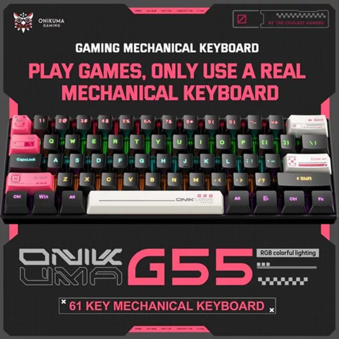 کیبورد گیمینگ اونیکوما مدل G55 RGB، مکانیکال سوییچ قهوه‌ای، Tenkeyless، نورپردازی RGB