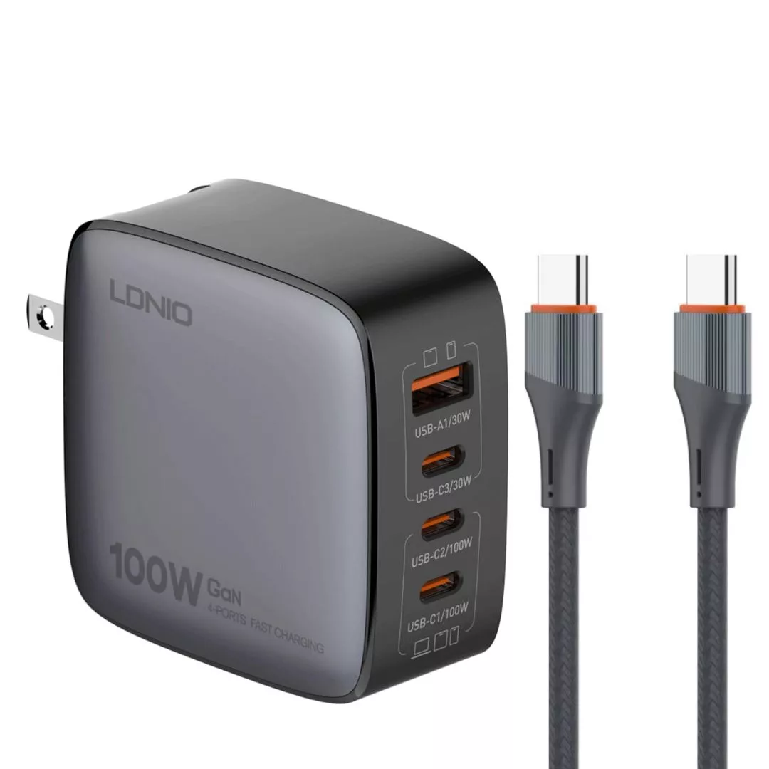 شارژر دیواری ۱۰۰ وات ۴ پورت الدینیو مدل Q408 به همراه کابل USB-C شارژر دیواری ۱۰۰ وات ۴ پورت الدینیو مدل Q408 به همراه کابل USB-C