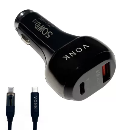 شارژر فندکی 50 وات دو پورت وونک مدل VC--50 به همراه کابل USB-C